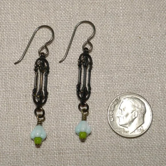 Hand Crafted Handmade Earrings Arts & Crafts Style Brass Blue Bell Flowe… - Picture 3 of 4